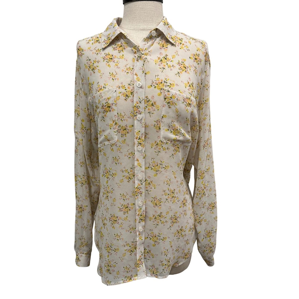 Victorias Secret Womens Small Floral Button Down Shirt Roll Tab Sleeve Yellow